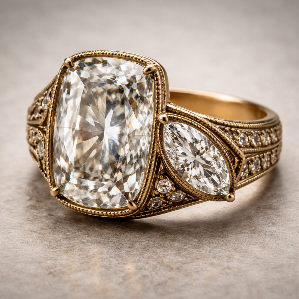 Vintage-inspired, nontraditional men’s ring featuring two asymmetrical diamonds. The ring is designed with a bold yet classic non thick vintage band, intentionally avoiding traditional masculine or signet-style designs. Total combined carat weight is 6.5 carats, making the ring substantial and eye-catching. The primary stone is a RECTANGULAR CUSHION-CUT DIAMOND, elongated with softly rounded corners, showcasing deep, antique-style brilliance rather than a sharp modern sparkle. The secondary stone is a MARQUISE-CUT DIAMOND, slightly smaller, positioned alongside the cushion cut in an asymmetrical layout. The marquise diamond is set horizontally or at a subtle angle, its pointed ends creating contrast against the rounded cushion shape. Both diamonds are high-clarity, near-colorless, with a luminous, old-world glow. The band is crafted in antique yellow gold or softened platinum, featuring vintage detailing such as milgrain edging and a lightly worn heirloom finish. The band is solid and substantial, but elegant—designed to feel luxurious and expressive rather than traditionally masculine. Overall, the ring feels romantic, confident, and distinctly queer—a statement piece worn by a gay man with strong personal style. This is not a wedding band, but a personal, fashion-forward heirloom ring with vintage character and modern edge.