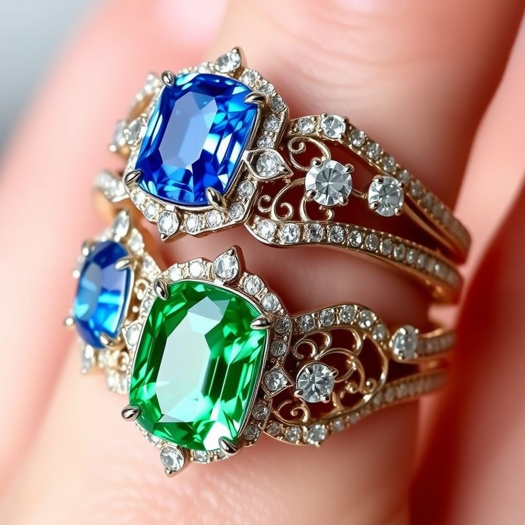 15 carat blue and green Nanette cut Padparadscha sapphire gemstones and Fl lF clarity multi ring