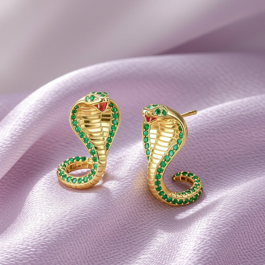 Небольшие золотые матовые серьги в виде кобры с открытым капюшоном