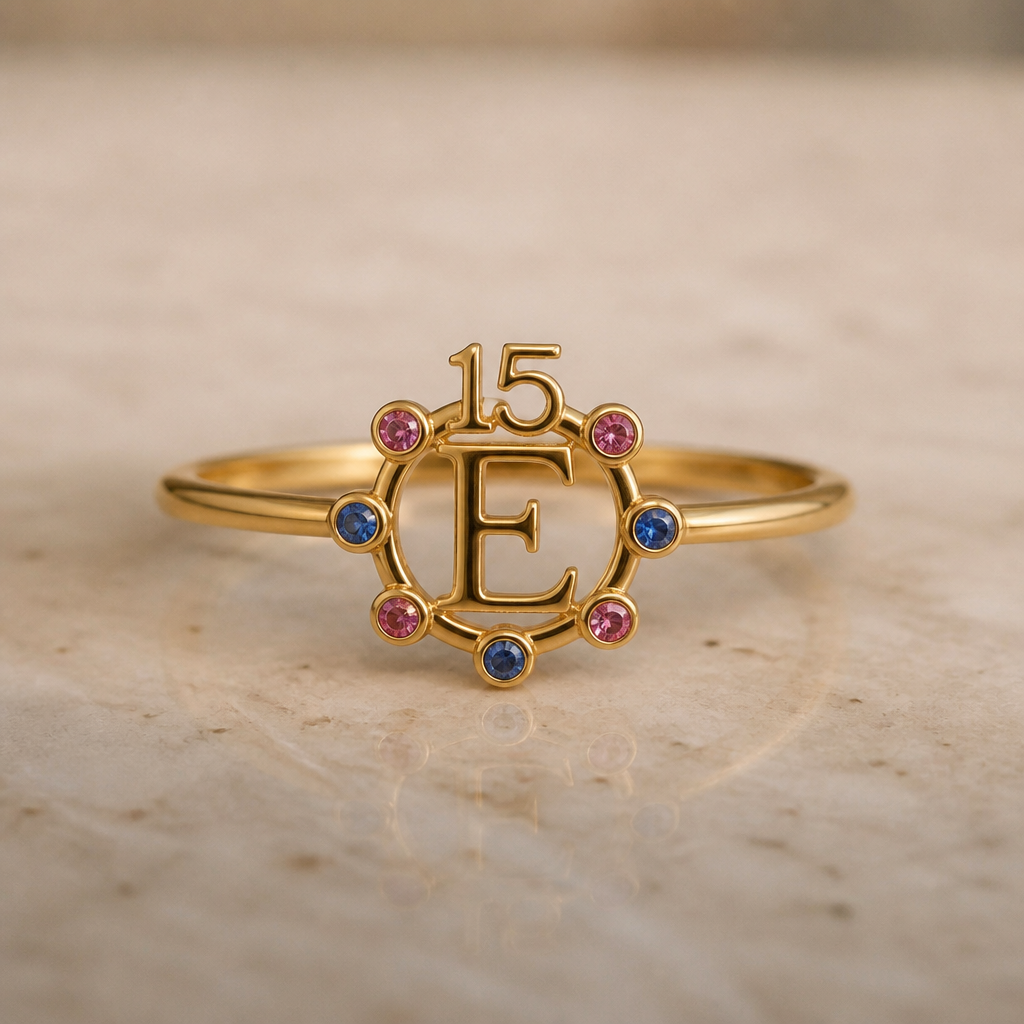 A bohemian women's ring made of gold, ultra-minimalist, very simple and clean, understated, no embellishments. um anel de 15 anos com inicial E com pedrinhas azul e pedrinhas rosa em volta
photorealistic jewelry design, A bohemian women's ring made of gold, ultra-minimalist, very simple and clean, understated, no embellishments. um anel de 15 anos com inicial E com pedrinhas azul e pedrinhas rosa em volta, bohemian style, just the design no text
