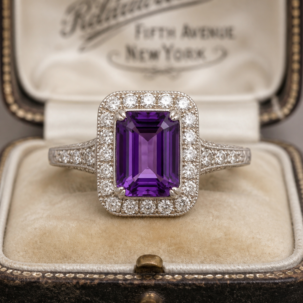 14k white gold halo vintage ring with an emerald cut Amethyst that's 11x9mm. There should be small diamonds in the halo and down the band. with milgrain.
Vintage jewelry: 14k white gold Vintage ring, emerald cut Amethyst 11x9mm, diamond halo, diamond band, milgrain.