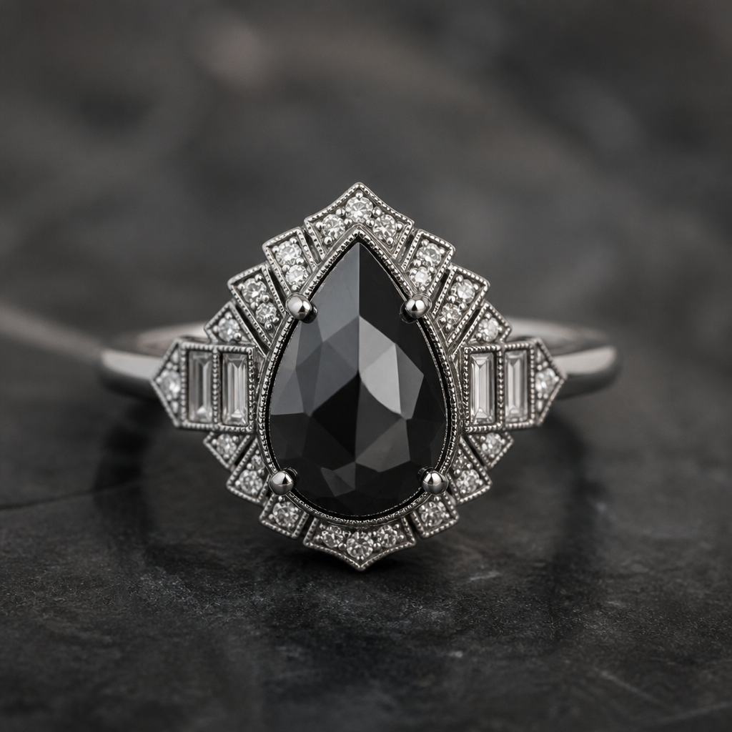 4ct pear rose cut black diamond ring
photorealistic jewelry design, 4ct pear rose cut black diamond ring , art_deco style, just the design no text