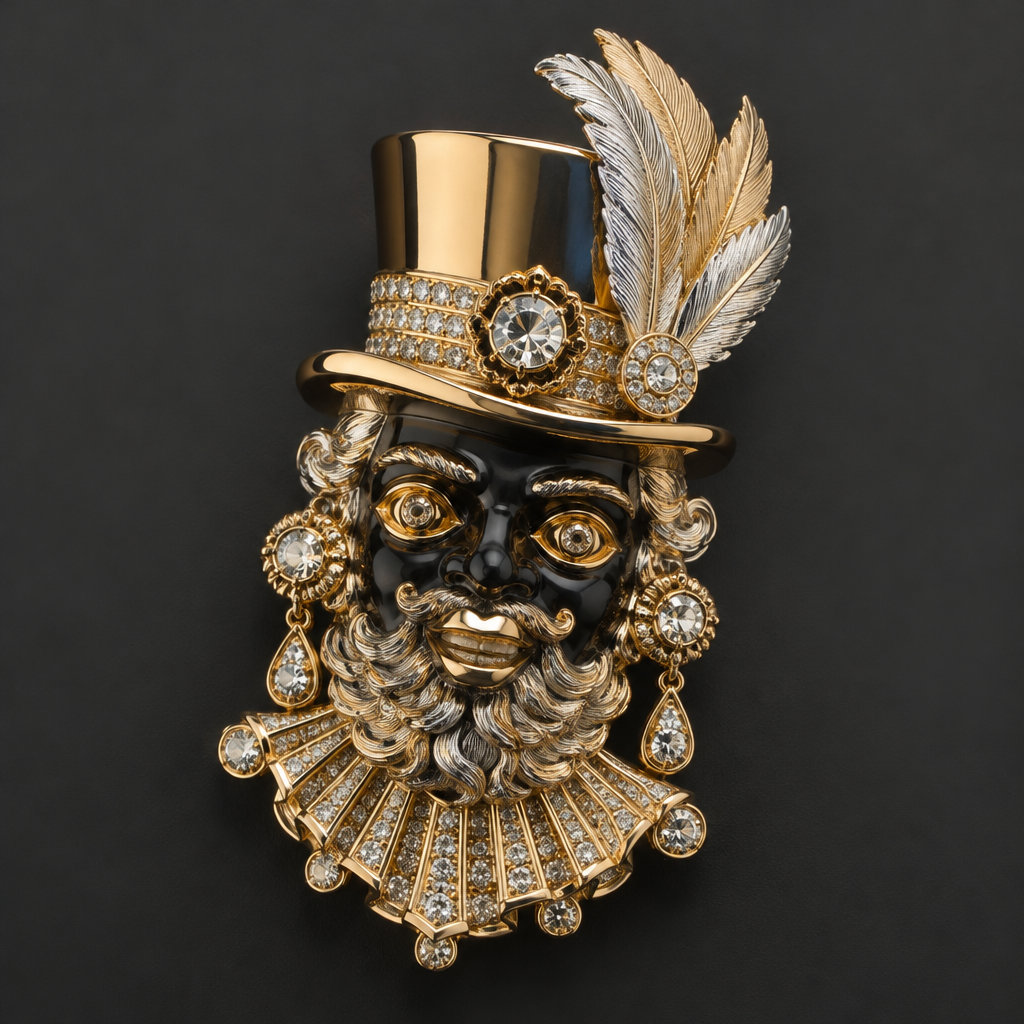 A men's brooch. çabeza de morenada
photorealistic jewelry design, A men's brooch. çabeza de morenada, modern style, just the design no text