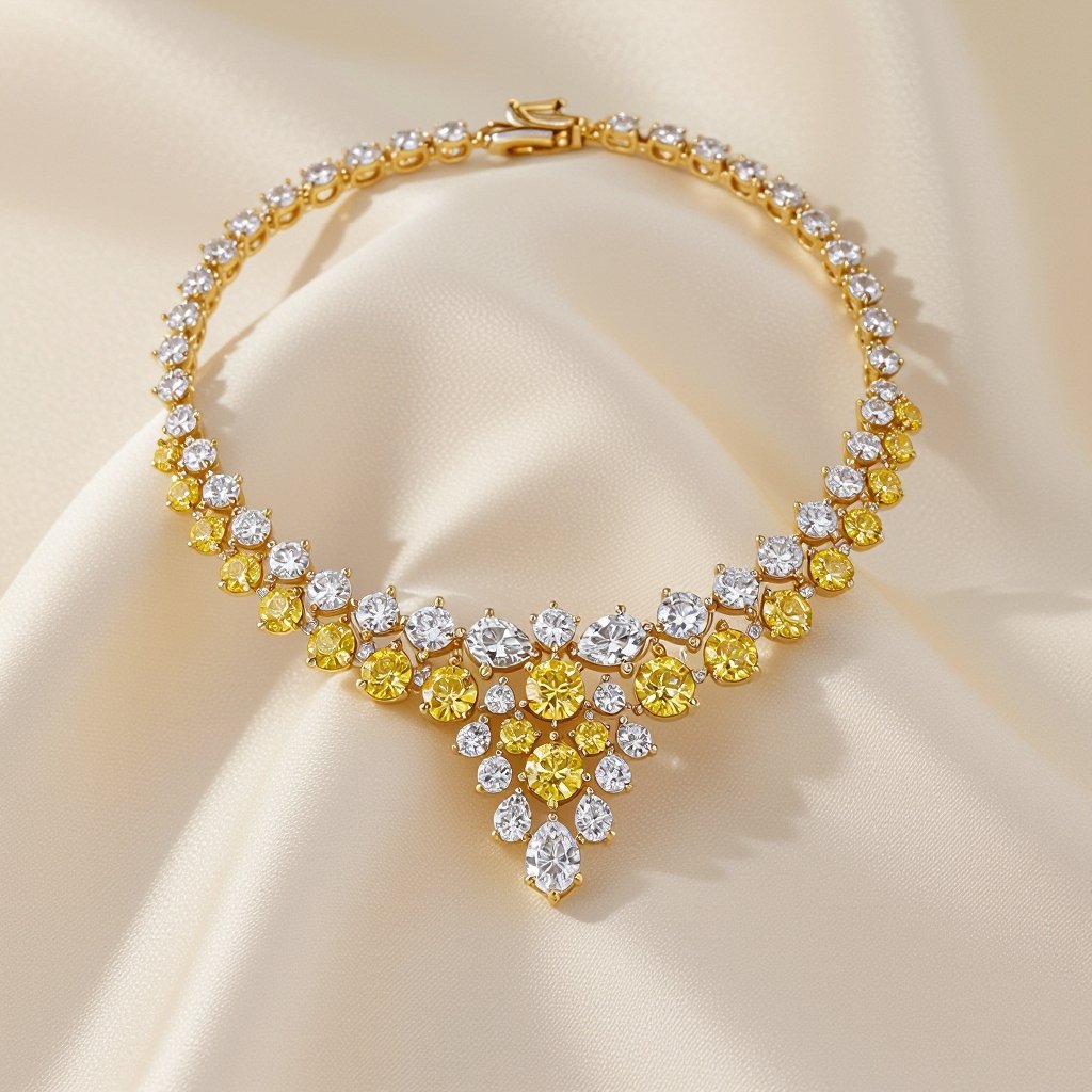 Curvy and abstract edges of architecture necklace of white diamonds and yellow diamonds