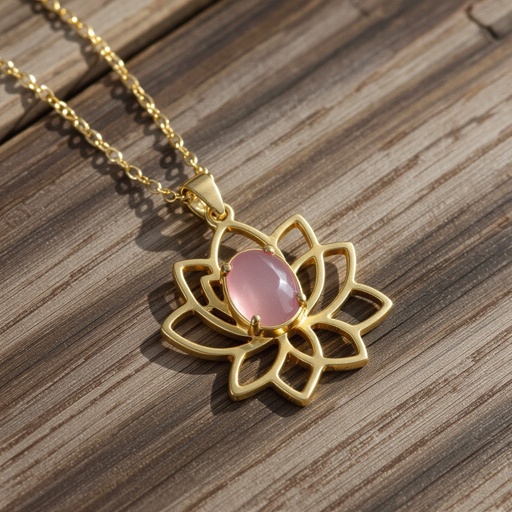 Золотая матовая цепочка. Подвеска матовая лотос шесть лепестков нижние лепестки крупнее верхних  не круглый . В сердце лотоса матовый розовый кварц овальный