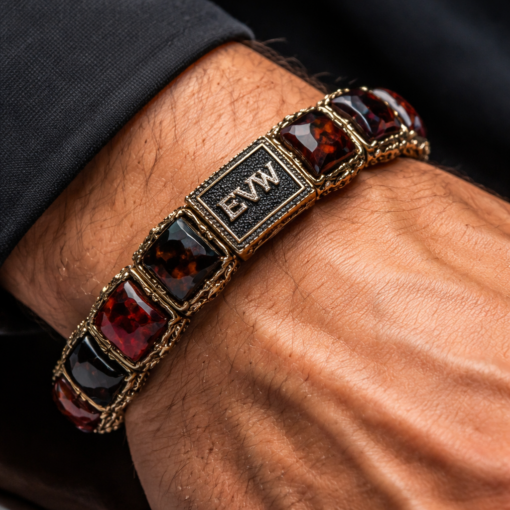 Only natural Ambers stone square bright red black colour man’s bracelet small EVW sports logo arm