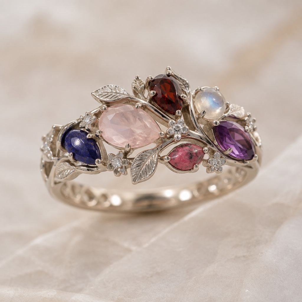 A nature-inspired women's ring made of white gold suitable for wedding. colorful wedding ring with love gems like rose quartz, rhodonite, lapis lazuli, garnet, moonstone, and amethyst.
photorealistic jewelry design, A nature-inspired women's ring made of white gold suitable for wedding. colorful wedding ring with love gems like rose quartz, rhodonite, lapis lazuli, garnet, moonstone, and amethyst., nature_inspired style, just the design no text