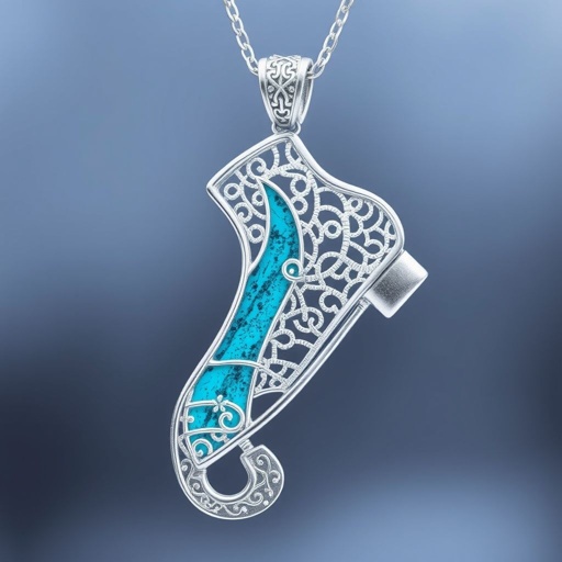 Silver Pendant shape one ice skate with turquoise stripe inside the low thin part blade