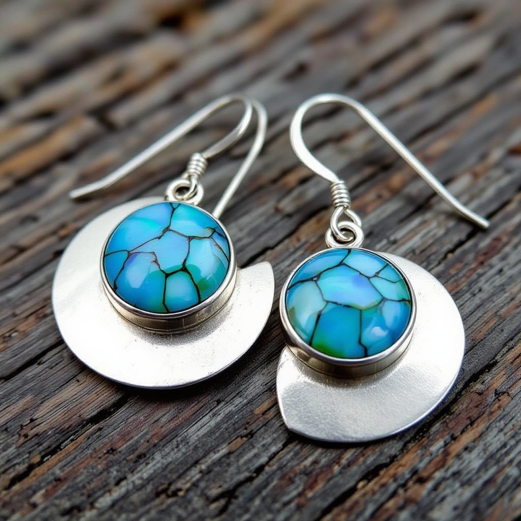 Серьги серебряные в виде бирюзового с переливами половины крыла бабочки из перламутра 