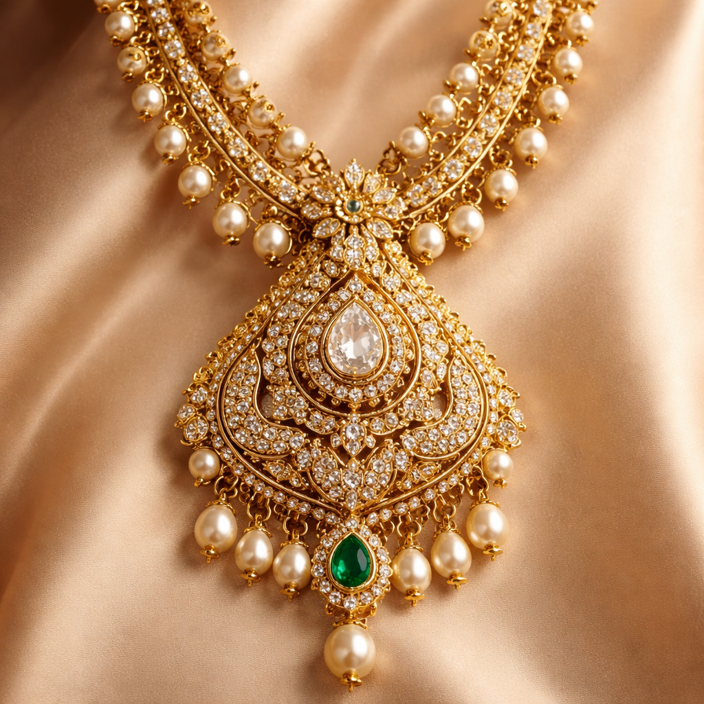 Create a photorealistic luxury gold pendant necklace based on the uploaded image. Keep the pendant design exactly the same, but enhance the necklace by adding elegant white moti (pearls). Use small round pearls combined with gold beads in a double-layer chain. The pendant remains traditional Indian style with diamond accents, rich yellow gold finish, intricate detailing. Soft studio lighting, premium jewelry photography, high detail, realistic gold and pearl texture.