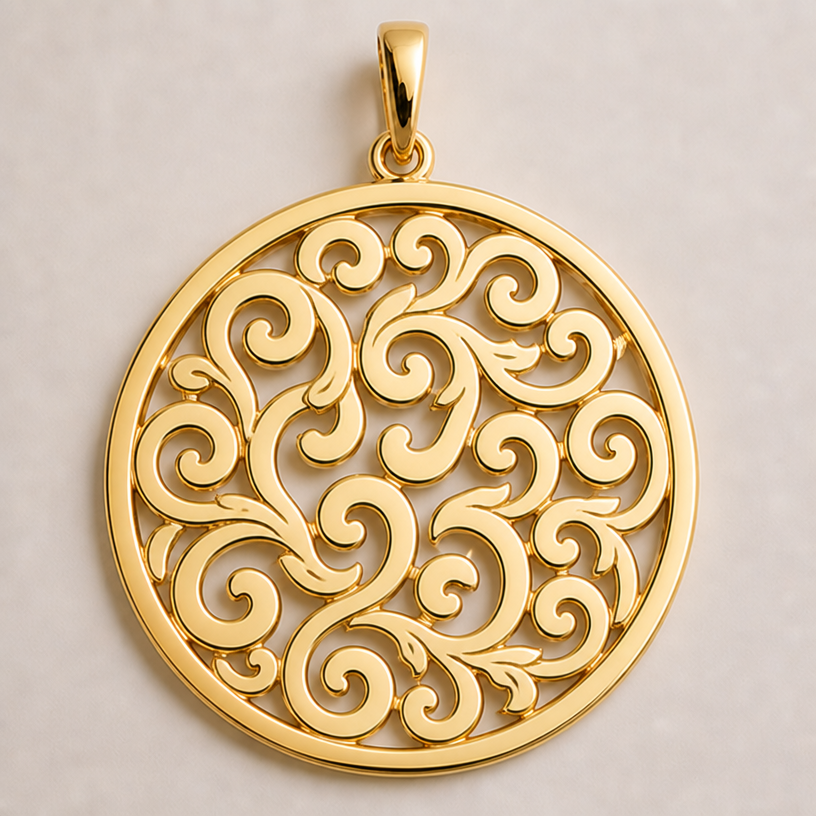 תעשה כתב יותר מסולסל
edit the attached jewelry design with these instructions: תעשה כתב יותר מסולסל. keep it photorealistic, just the design no text