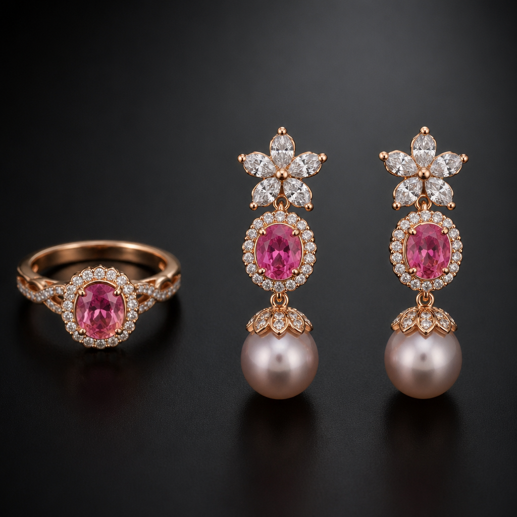 A luxury women's earrings made of rose gold with ruby and diamond stones suitable for engagement. I want u to design pearl drop earings matching with ring, the part that attch to eat must be in shape of five petal flower made of five dimonds while the drop things should be similar light pink ruby, surrounded by dimonds
photorealistic jewelry design, A luxury women's earrings made of rose gold with ruby and diamond stones suitable for engagement. I want u to design pearl drop earings matching with ring, the part that attch to eat must be in shape of five petal flower made of five dimonds while the drop things should be similar light pink ruby, surrounded by dimonds, luxury style, just the design no text
