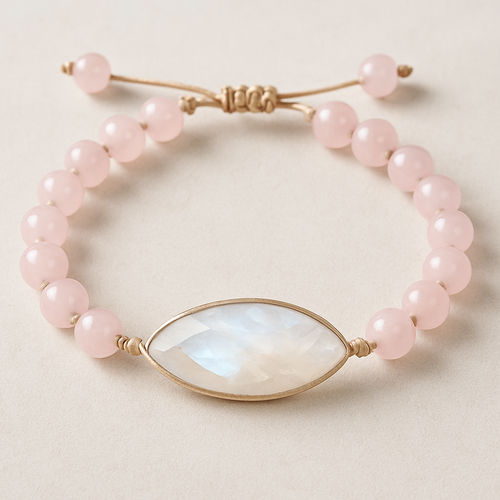 Pink quartz bracelet on string with elongated moonstone bigger stone in the center