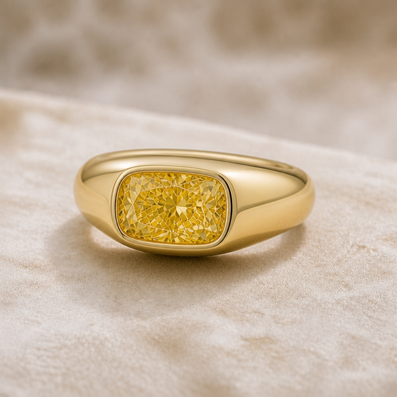 1.5 Ct Fancy Vivid Yellow cushion square Lab Grown Diamond Engagement Ring, East West Half Bezel Wedding Ring, 14K Solid Gold Thick Cigar Band
edit the attached jewelry design with these instructions: 1.5 Ct Fancy Vivid Yellow cushion square Lab Grown Diamond Engagement Ring, East West Half Bezel Wedding Ring, 14K Solid Gold Thick Cigar Band. keep it photorealistic, just the design no text