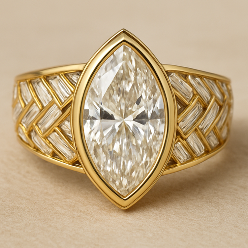 Bezel set 6 carat marquise diamond center stone with baguette diamonds in a herringbone pattern in the band