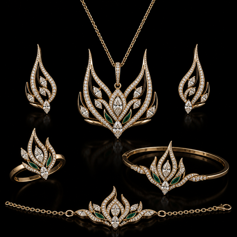 Creat a full set of jewelry in abstract
edit the attached jewelry design with these instructions: Creat a full set of jewelry in abstract. keep it photorealistic, just the design no text