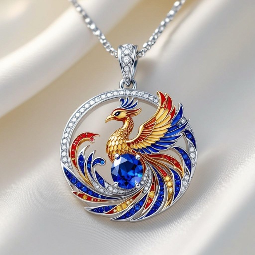 Pendant of phoenix printed on it for women Design a luxurious platinum signet ring that embodies the elegance of Art Deco style, featuring a striking phoenix rendered in intricate geometric patterns. Emphasize bold lines and symmetry, with contrasting finishes for depth. Adorn the ring with brilliant-cut diamonds and emeralds, capturing the spirit of rebirth and timeless sophistication.