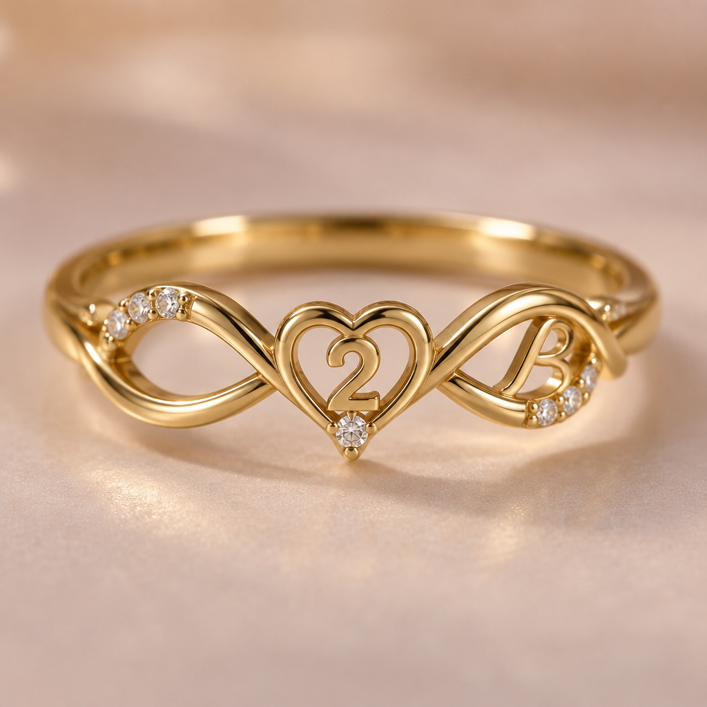 A women's ring. Heart with number 2: Add a small, elegant heart at the centre of the ring, with the number “2” beautifully placed inside it. The heart and number should look delicate and romantic, not oversized.Hide a reversed capital B (ᗺ) subtly within one curve of the infinity symbol or along the side of the heart. Make it look like a natural part of the gold design, not an obvious letter. It should be a secret detail that only I know about.Add a few very small, clear, sparkling stones that complement the gold without making the ring look too heavy or crowded.Add a few very small, clear, sparkling stones that complement the gold without making the ring look too heavy or crowded.
photorealistic jewelry design, A women's ring. Heart with number 2: Add a small, elegant heart at the centre of the ring, with the number “2” beautifully placed inside it. The heart and number should look delicate and romantic, not oversized.Hide a reversed capital B (ᗺ) subtly within one curve of the infinity symbol or along the side of the heart. Make it look like a natural part of the gold design, not an obvious letter. It should be a secret detail that only I know about.Add a few very small, clear, sparkling stones that complement the gold without making the ring look too heavy or crowded.Add a few very small, clear, sparkling stones that complement the gold without making the ring look too heavy or crowded., modern style, just the design no text