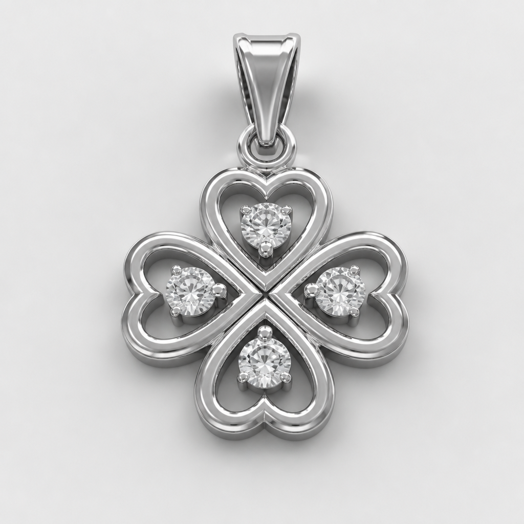 A modern women's ring made of silver with diamond stones. 4 coeurs, plaçé comme un trèfle, dans le milieu des coeurs chacun un diamant, breloque pour collier
photorealistic jewelry design, A modern women's ring made of silver with diamond stones. 4 coeurs, plaçé comme un trèfle, dans le milieu des coeurs chacun un diamant, breloque pour collier, modern style, just the design no text