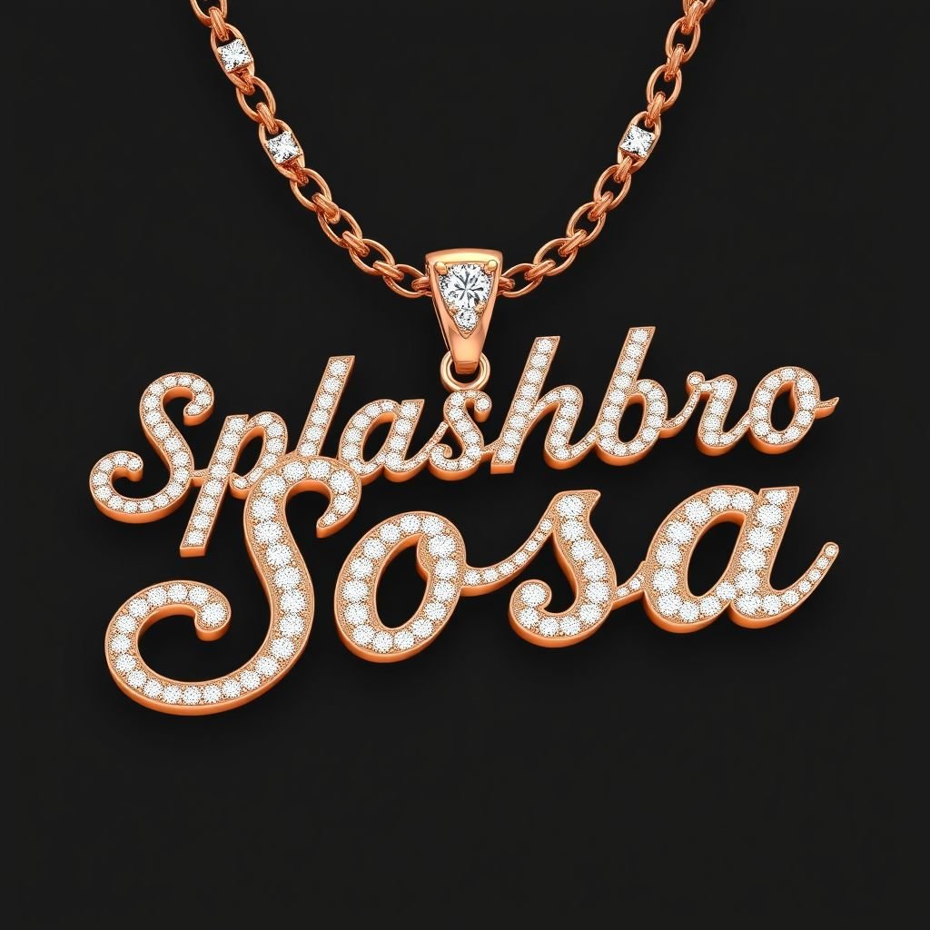 Create a big chain that say Splashbro Sosa, with rose gold vvs diamonds, double layer gold plate