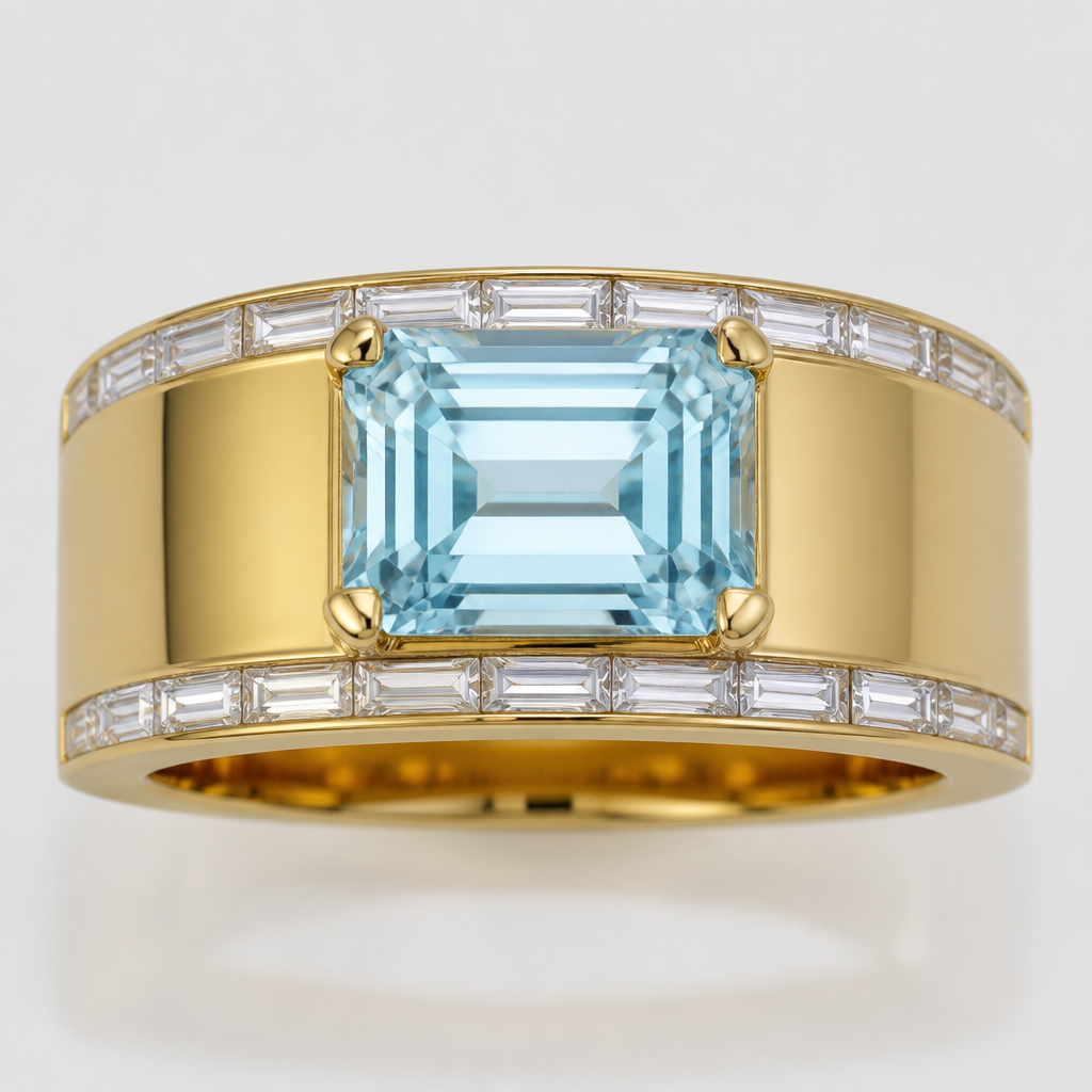 Create a 12 mm wide Band high polished 14 karat yellow gold ring setting a 14 x 11 mm Emerald cut aquamarine elevated above the Band but setting is low profile as possible. Then on the top and bottom, both edges of the wide band of the ring set 4 x 2 mm Baguette Diamonds setting the Baguette Diamonds East West in the ring so there’s one thin row of Baguette diamonds at the top of the ring band and one thin row of Baguette diamonds at the bottom of the ring band.
photorealistic jewelry design, Create a 12 mm wide Band high polished 14 karat yellow gold ring setting a 14 x 11 mm Emerald cut aquamarine elevated above the Band but setting is low profile as possible. Then on the top and bottom, both edges of the wide band of the ring set 4 x 2 mm Baguette Diamonds setting the Baguette Diamonds East West in the ring so there’s one thin row of Baguette diamonds at the top of the ring band and one thin row of Baguette diamonds at the bottom of the ring band., just the design no text