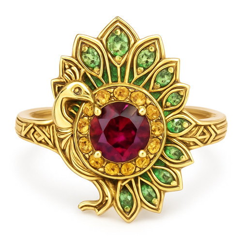 Ruby engagement ring with at least 10 citrine and green topaz inlays with peacock themes