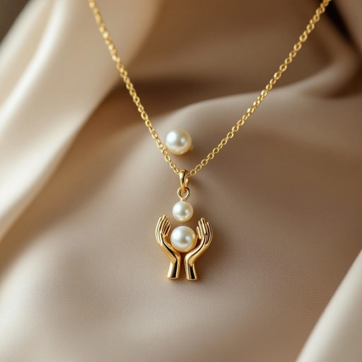 Украшение на шею золотая цепочка с подвеской в виде двух ладоней которые держат жемчужину по центру