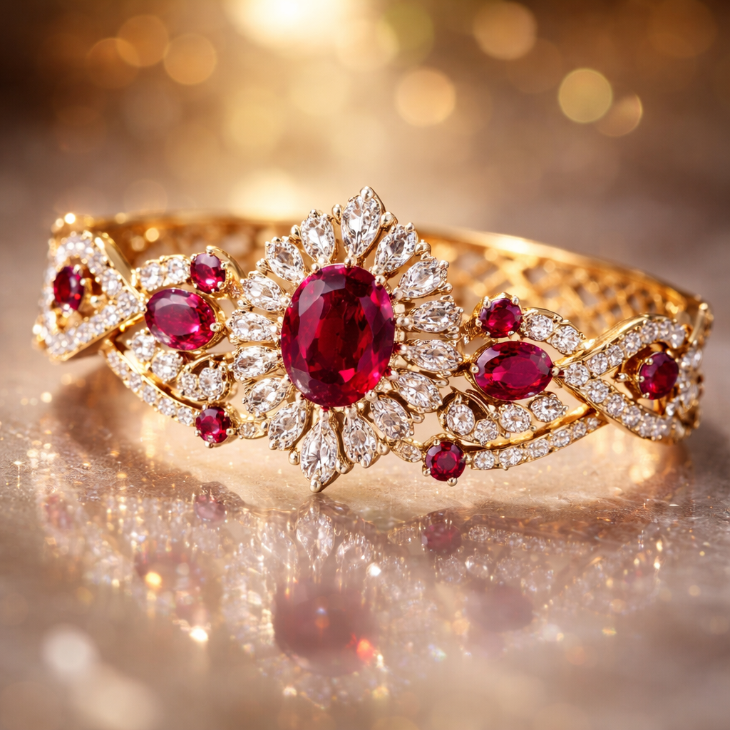 A modern women's bracelet made of gold with diamond and ruby stones suitable for festival. a special bracelet and this is only one piece in our world
A modern women's bracelet made of gold with diamond and ruby stones suitable for festival. a special bracelet and this is only one piece in our world, modern style