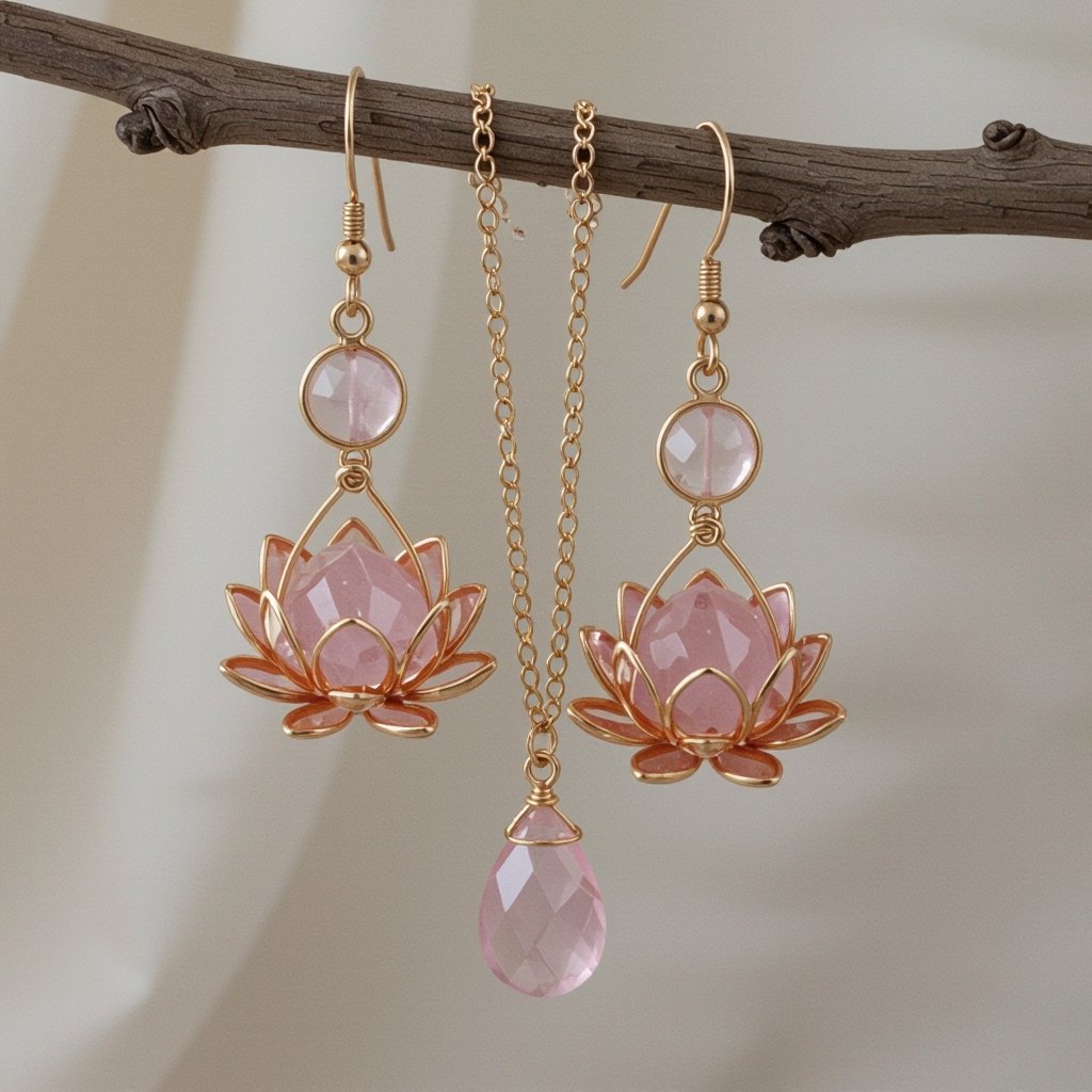 Светлое матовое золото. Серьги с лотосом на длинных цепочках. По центру лотоса камень необрабаботанного розового кварца, от лотоса идет цепочка с еще одним камнем кварца на конце. Серьги тонкие и легкие