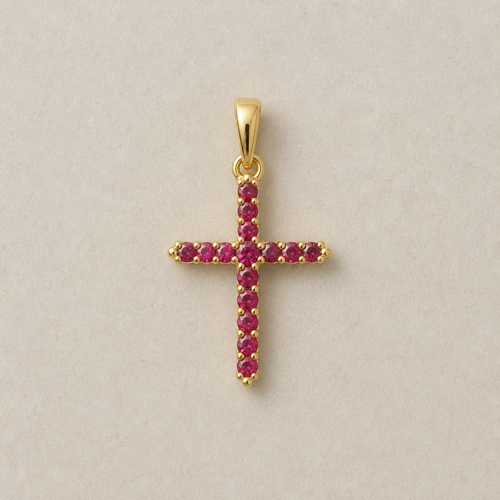 Dainty and feminine Gold cross with pavé rubies
photorealistic jewelry design, Dainty and feminine Gold cross with pavé rubies , bespoke style, just the design no text