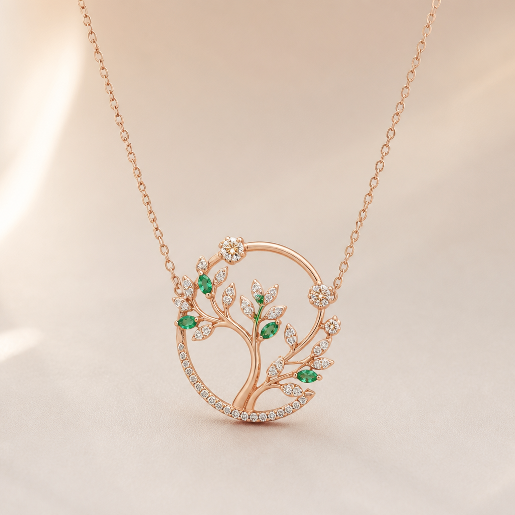 A minimalist women's necklace made of rose gold with diamond and emerald stones suitable for gift, detailed and decorative, moderately ornate. algo que simbolize a vida
photorealistic jewelry design, A minimalist women's necklace made of rose gold with diamond and emerald stones suitable for gift, detailed and decorative, moderately ornate. algo que simbolize a vida, minimalist style, just the design no text