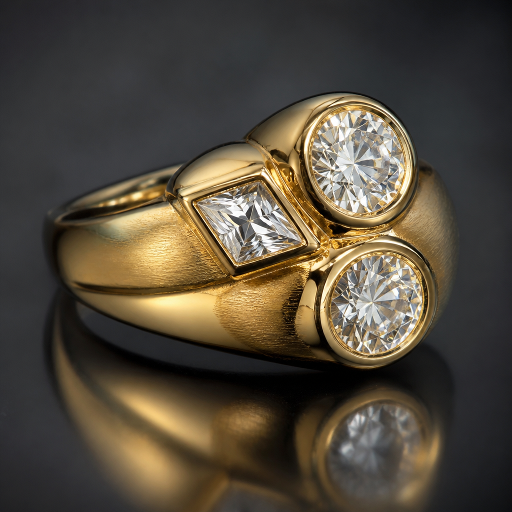 Two round diamonds one princess flush bezel set
photorealistic jewelry design, Two round diamonds one princess flush bezel set, cocktail style, just the design no text