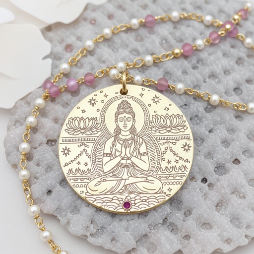 Кулон на длинной цепочке. Матовое светлое золото. В цепочке небольшие золотые шарики и розовые камушки и жемчуга. Кулон в форме неровного мятого круга. На круге изображена девушка с длинными волосами лица не видно в молитве и позе лотоса нечетко. Круг украшен лотосами звездами волнами узорами