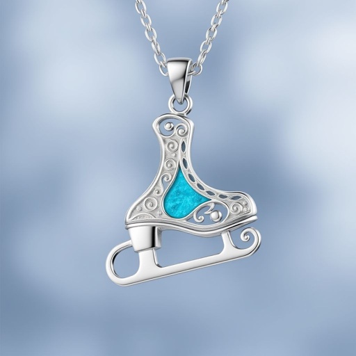 Silver Pendant shape one ice skate with turquoise stripe inside the low thin part blade