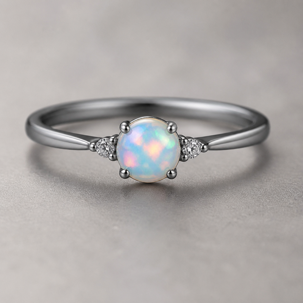 A minimalist women's ring made of titanium with opal stones suitable for engagement
photorealistic jewelry design, A minimalist women's ring made of titanium with opal stones suitable for engagement, minimalist style, just the design no text