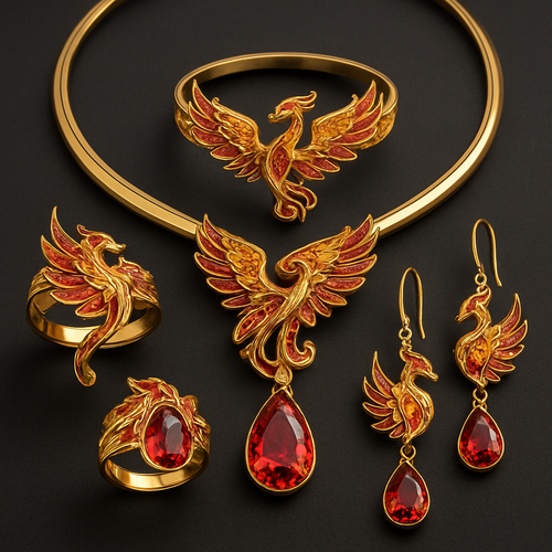 A full Ruby jewelry set including bracelet, earrings and rings with at least 10 citrine and topaz inlays with phoenix themes and an omega necklace