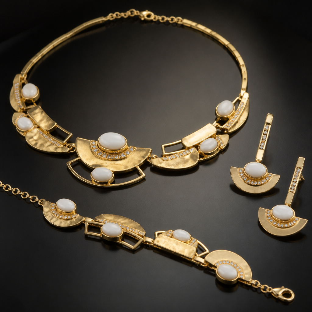 Prompt: Full jewelry suite made of authentic 21 karat gold. The set consists of a necklace, earrings, and a bracelet. Creative design blending semicircular gold plates with hollow geometric frames. Adorned with polished white agate and small sparkling white stones. High detail, luxury jewelry design, cinematic lighting, sharp focus on the textures of gold and white stones, isolated on a dark luxury background.
photorealistic jewelry design, Prompt: Full jewelry suite made of authentic 21 karat gold. The set consists of a necklace, earrings, and a bracelet. Creative design blending semicircular gold plates with hollow geometric frames. Adorned with polished white agate and small sparkling white stones. High detail, luxury jewelry design, cinematic lighting, sharp focus on the textures of gold and white stones, isolated on a dark luxury background., african style, just the design no text