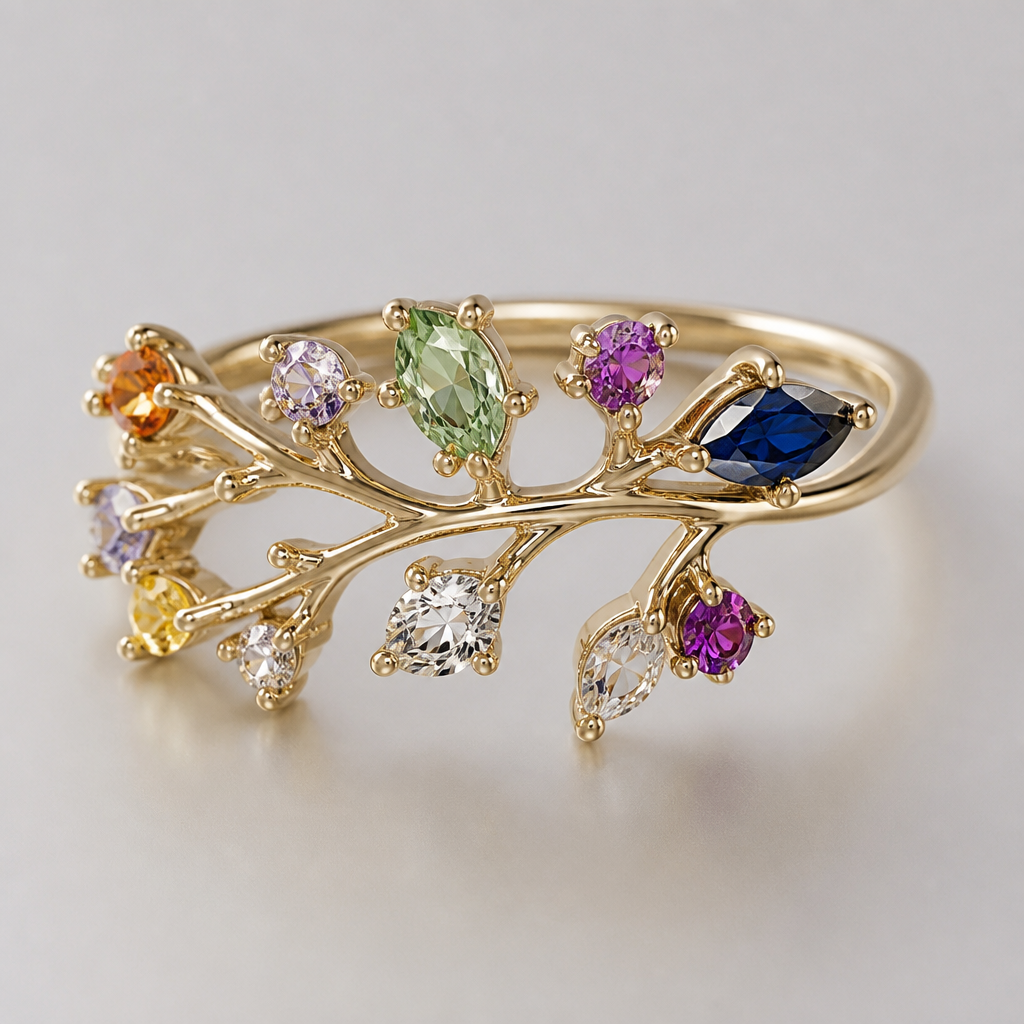 A women's ring. que sea con ramitas con las diferentes gemas
photorealistic jewelry design, A women's ring. que sea con ramitas con las diferentes gemas, modern style, just the design no text