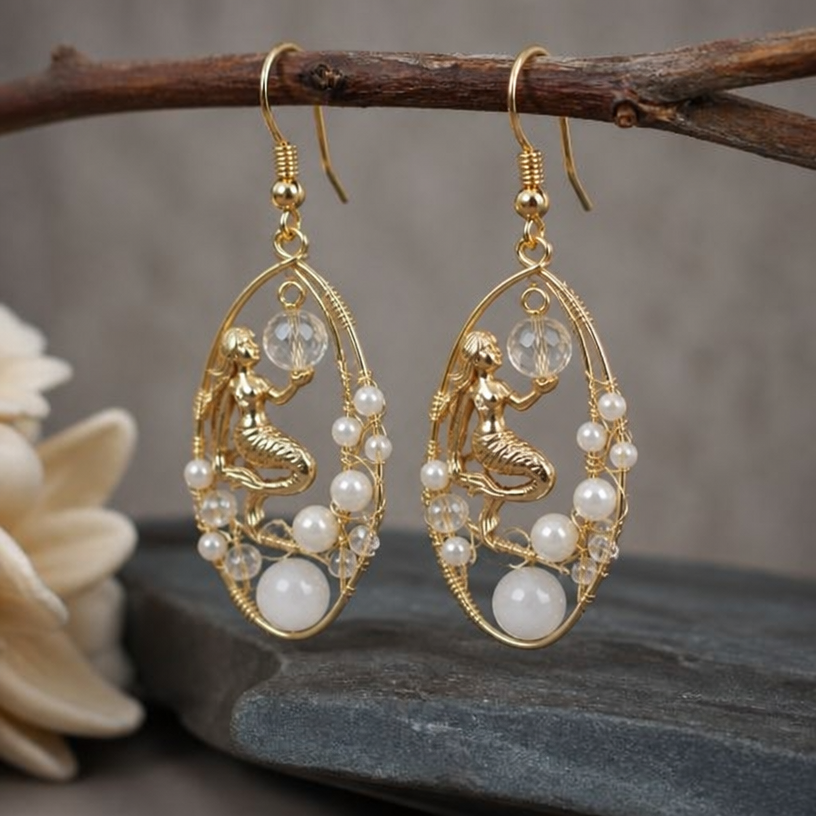 A nordic women's earrings suitable for daily wear. osiris, beautiful bead, crystal bead and wire earrings
using the attached image as a visual reference, create A nordic women's earrings suitable for daily wear. osiris, beautiful bead, crystal bead and wire earrings. photorealistic, just the design no text