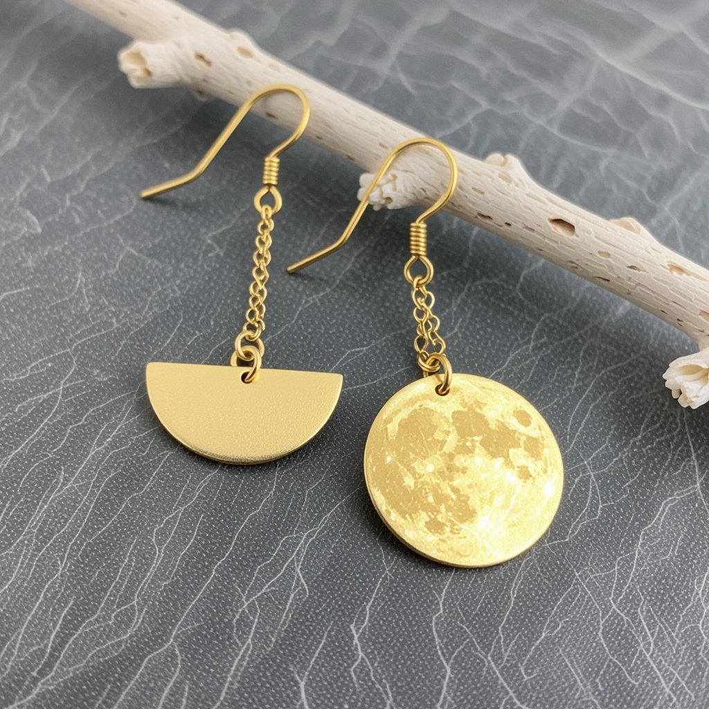 Длинные серьги золотые матовые с несколькими цепочками на каждой цепочке маленький полумесяц и полная луна 
