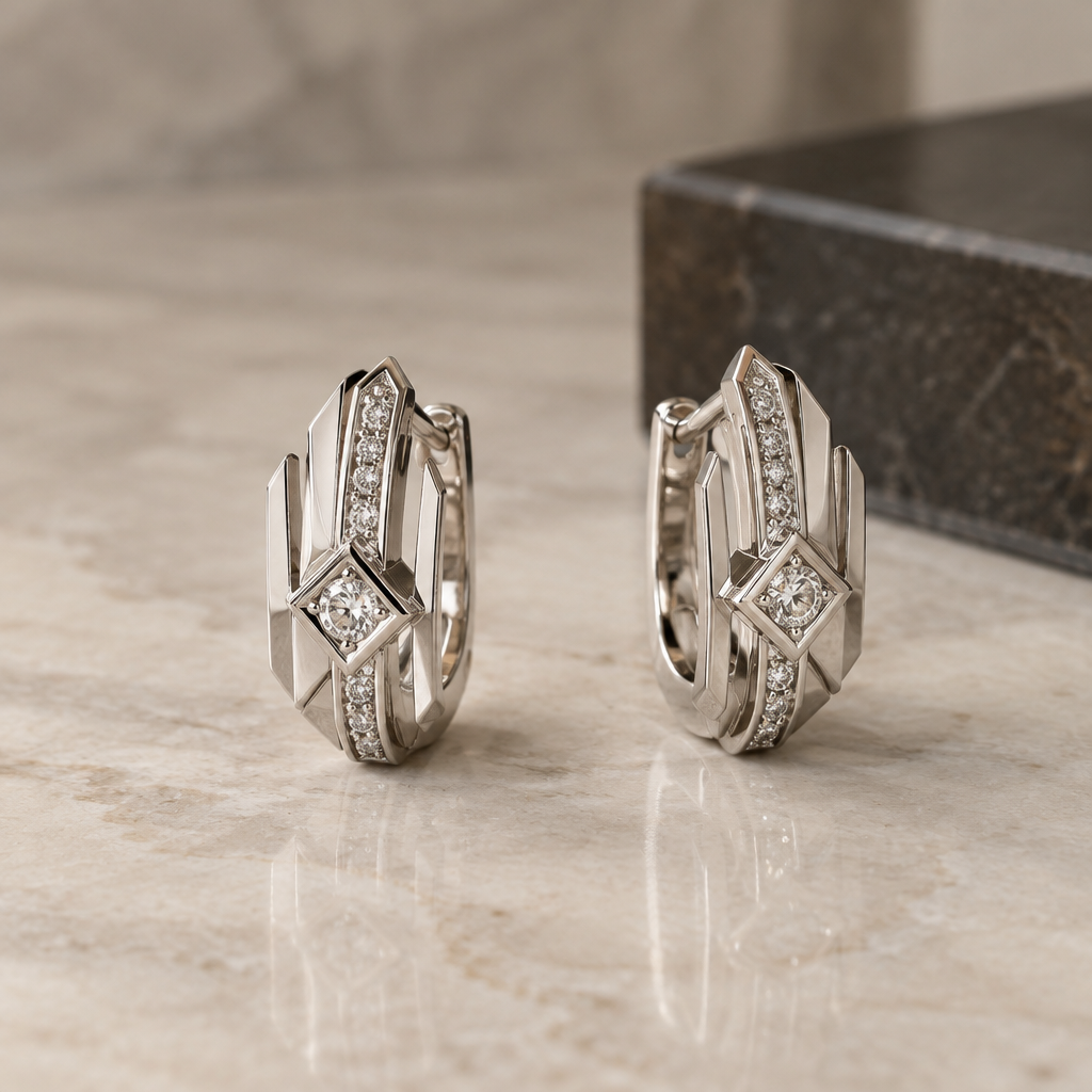 A art deco men's earrings made of white gold with diamond stones suitable for daily wear, highly ornate, intricate and elaborate, richly detailed. less gold less diamond for daily use
photorealistic jewelry design, A art deco men's earrings made of white gold with diamond stones suitable for daily wear, highly ornate, intricate and elaborate, richly detailed. less gold less diamond for daily use, art_deco style, just the design no text