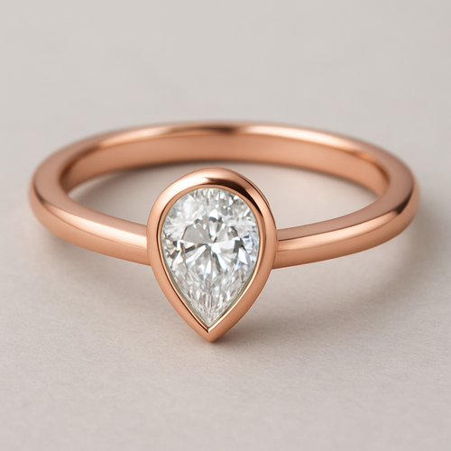 Jewelry Description: A modern and elegant rose gold ring featuring a central pear-shaped diamond. The diamond is set in a smooth, closed bezel setting that fully encircles the stone, emphasizing its graceful teardrop silhouette. The ring band is crafted in polished rose gold with a uniform, slightly rounded profile, giving it a clean and contemporary look.  Key Features: 	•	Metal: Rose gold 	•	Setting type: Bezel setting 	•	Center stone: Diamond 	•	Stone cut: Pear shape 	•	Style: Minimalist, elegant, modern  Intended Use: Luxury or engagement ring with a refined, contemporary design.