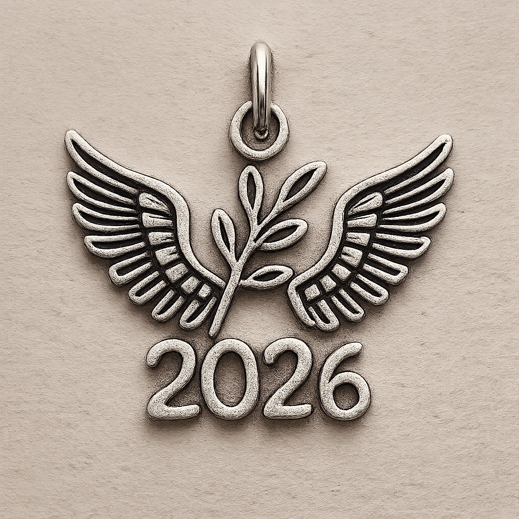 Slim Silver cut-out charm only with  two spread out bird wings, an olive branch and  along year 2026