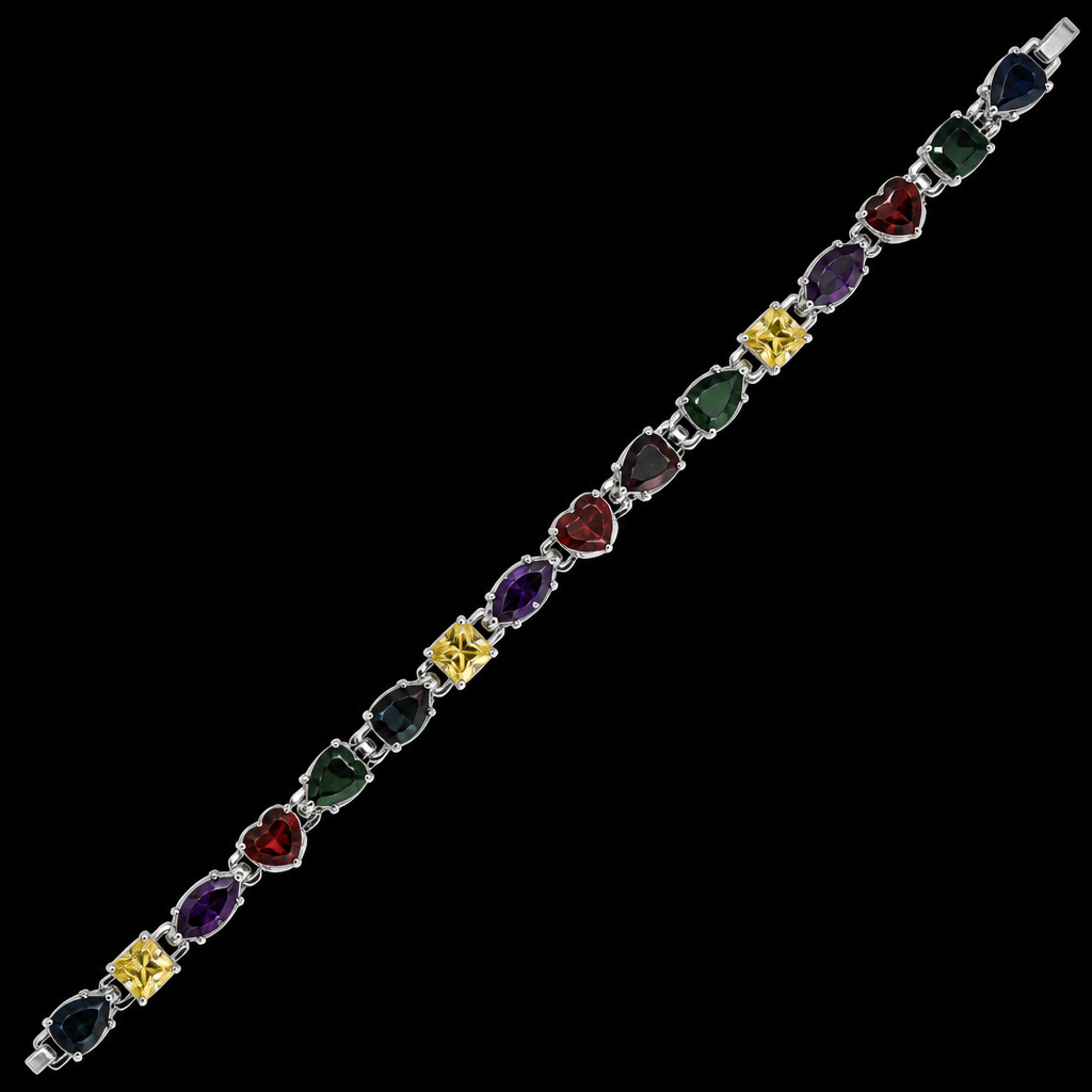 ''''pear, square, heart, marquis, square, pear, square, heart, marquis, square, pear, square, heart, marquis, square, pear, square, heart in different dark colored precious gemstones and yellow colored diamond in silver setting - total of 18 stones "
photorealistic jewelry design, ''''pear, square, heart, marquis, square, pear, square, heart, marquis, square, pear, square, heart, marquis, square, pear, square, heart in different dark colored precious gemstones and yellow colored diamond in silver setting - total of 18 stones ", just the design no text