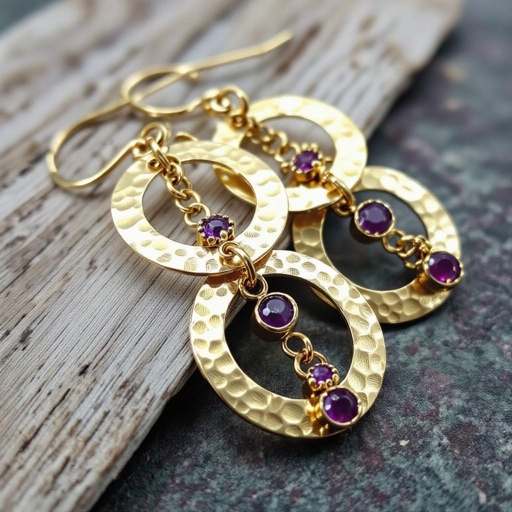 Серьги длинные на цепочках матовое золото мятое. Символ схематично созвездие. Маленькие фиолетовые камушки