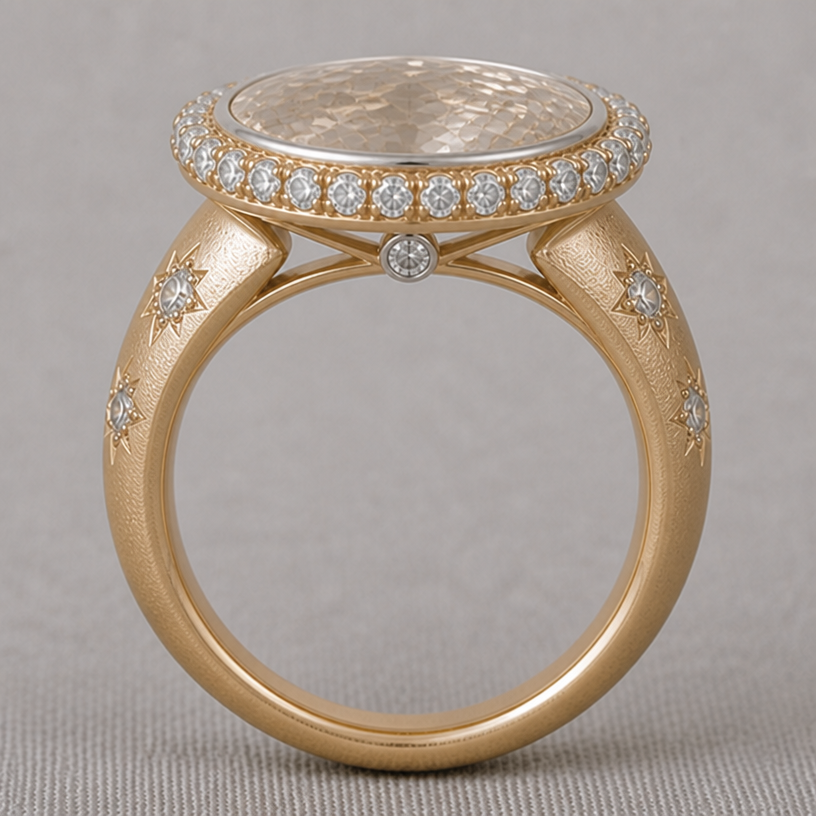 the stone sit flush with the bezel
edit the attached jewelry design with these instructions: the stone sit flush with the bezel. keep it photorealistic, just the design no text