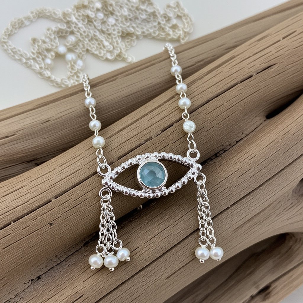 Тонкая цепочка с серебряными шариками и мелкими жемчужными камушками на цепочке есть кулон в форме глаза, зрачок глаза из аквамарина от глаза идет маленькая подвеска с серебряными цепочками разной длины