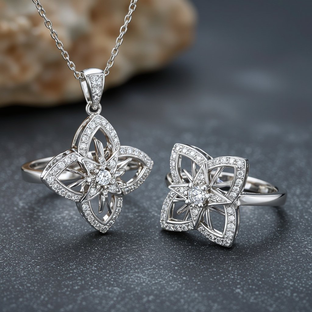 Modern Geomatric architecture star pendant and ring set that's representing architecture and eddy style and modern voulume of diamonds