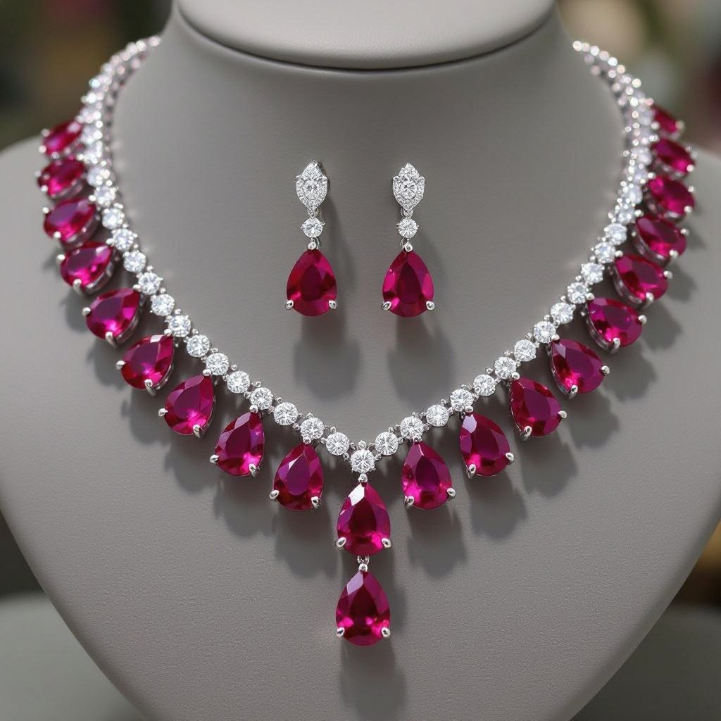 Ruby luxury necklace long pear drop style and luxury earring set Platinum necklace, ruby pear drops, diamond accents, prong setting. Matching platinum earrings, ruby pear drops, diamond accents, prong setting.