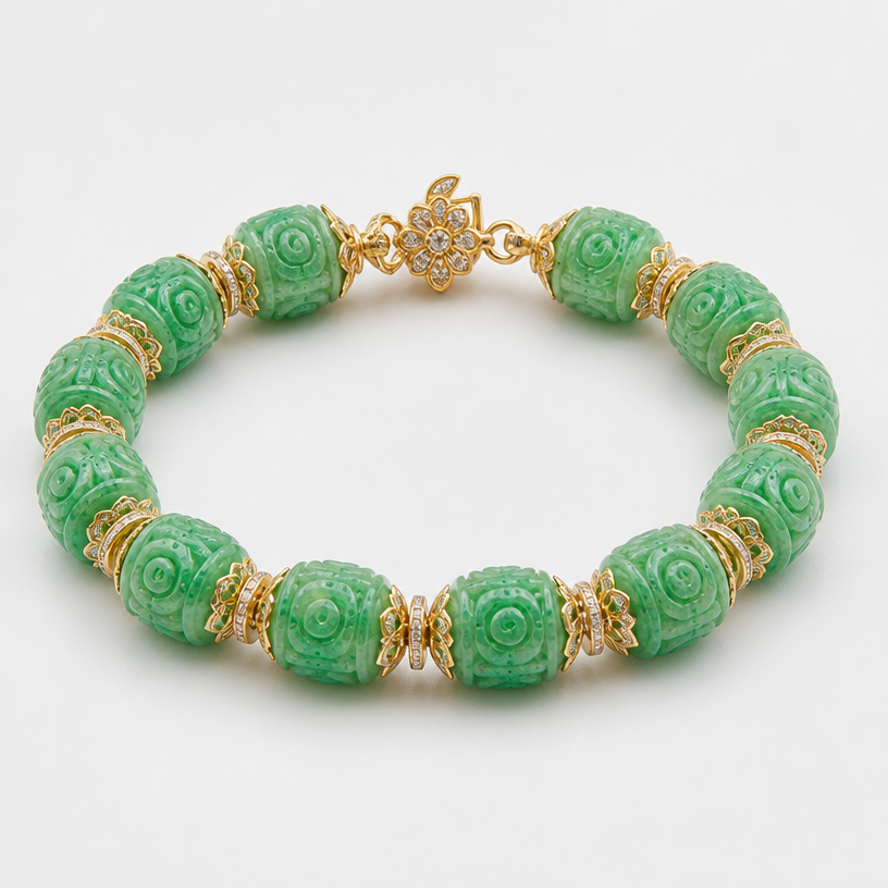 A asian-inspired women's bracelet with diamond stones suitable for formal, detailed and decorative, moderately ornate. Create a 6-inch bracelet using the 12 beads shown in the attached picture. Each bead is 9.7 millimeters long.
using the attached image as a visual reference, create A asian-inspired women's bracelet with diamond stones suitable for formal, detailed and decorative, moderately ornate. Create a 6-inch bracelet using the 12 beads shown in the attached picture. Each bead is 9.7 millimeters long.. photorealistic, just the design no text
